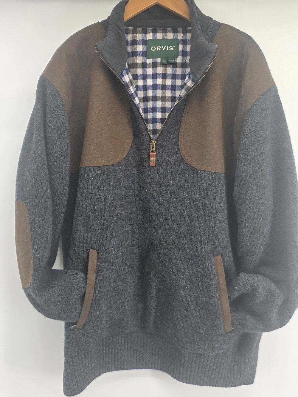 Orvis Sweater Mens L Wool  Suede Elbow Patch Quarter Zip Pullover